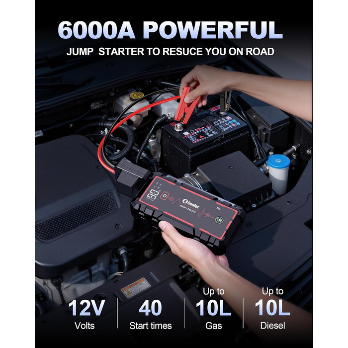 Бустер для автомобіля (Пусковий пристрій) 8000mAh, портативний акумулятор для запуску двигунів до 7.0L бензин та 5.0L дизель, 12V з ліхтариком (3 режими) та пусковими кабелями