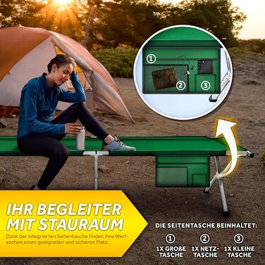 Розкладне кемпінгове ліжко TRESKO XXL металеве, посилене (до 150 кг), 210 x 90 x 42 см, зелене
