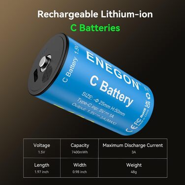 Акумулятори ENEGON C (LR14) 1.5V Li-Ion з USB-C для зарядки, 7400mWh, сині, 4 шт. в комплекті