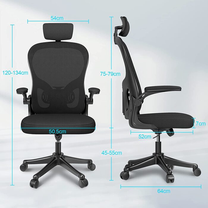 Офісний стіл Ergonomischer Bürostuhl з дихаючою сіткою, регульовані підлокітники, підголівник, поперекова підтримка, регулювання висоти, поворотний стілець на 360°, темно-чорний