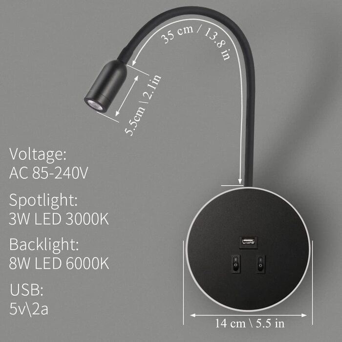 Світильник для читання Awekliy 3W+8W LED з гнучкою ніжкою, настінний, з USB-зарядкою, перемикачем, для спальні, ліжка, нічник, чорний, 3000K