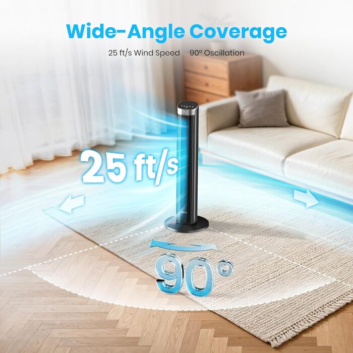 Вентилятор вежний Leiser Smart Tower, 90° осциляція, 4 режими, таймер 12 год, 86 см, чорний