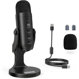 Zealsound USB конденсаторний мікрофон для ПК, смартфонів, PS4/PS5, подкастів, стрімінгу, запису, ASMR, з функціями Mute, Gain, Echo, адаптером для телефону, сумісний з Mac і Windows