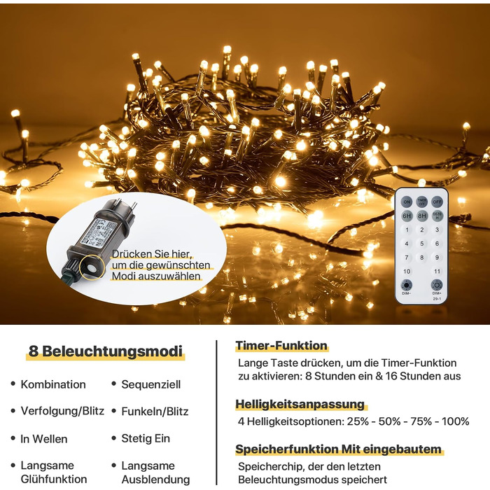 Світлодіодна гірлянда MAGGIFT 400 LED (80м), теплий білий колір, з пультом та таймером, 8 режимів роботи, водонепроникна IP44 для вулиці, саду та дому