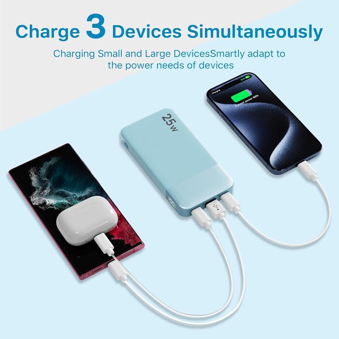 Power Bank NOBIS 10000mAh з цифровим дисплеєм, USB-C, швидка зарядка PD/QC, 25W, блакитний