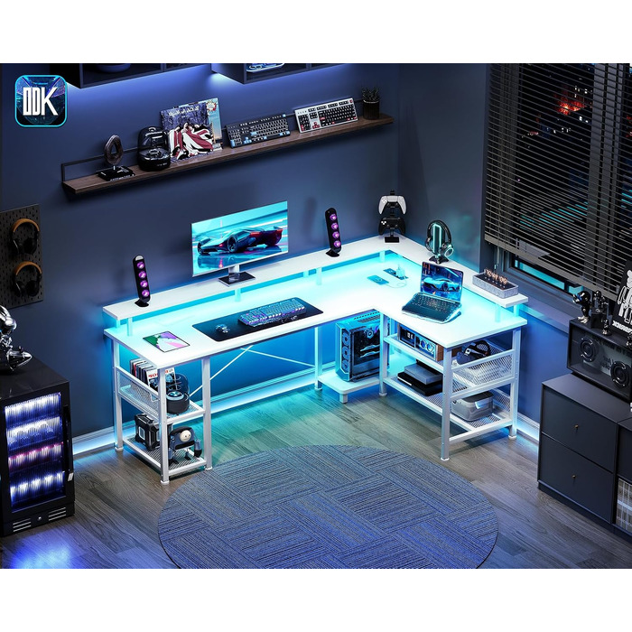 Ігровий кутовий стіл ODK з LED-підсвіткою та USB-портом, 150×102 см, білий, стільниця з вуглецевого волокна