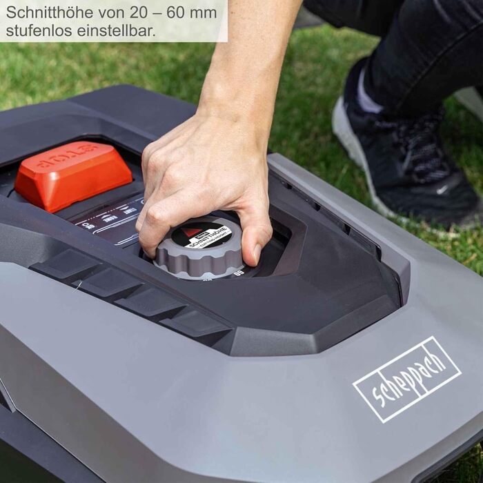 Робот-газонокосарка Scheppach RLM500W для газонів до 500 м², 18 см, 20-60 мм, Wi-Fi, Bluetooth, сенсор дощу, додаток, для ухилу до 35%, з базою, 9 ножів, 100 м кабелю, 130 гачків