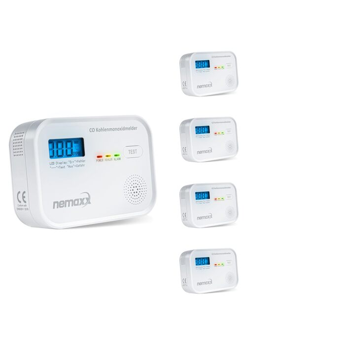 Детектор чадного газу NEMAXX® CM18 з LCD-дисплеєм, електрохімічний сенсор, 85 дБ, стандарт EN 50291-1:2018, термін служби 10 років (набір 5 шт)