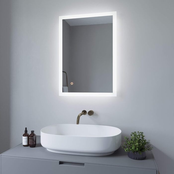Дзеркало для ванної кімнати AQUABATOS 50x70 см LED з підсвічуванням, сенсорним вимикачем, регулюванням температури світла (6400K), IP44, CE, енергозберігаюче, серія Echos