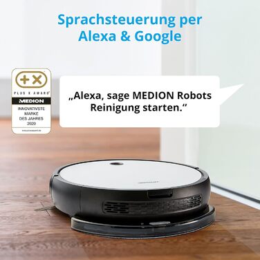 Робот-пилосос MEDION MD 19601 з функцією вологого прибирання, Wi-Fi, керування через додаток, сумісний з Alexa, інтелектуальна навігація, зарядна станція, підходить для шерсті тварин та алергіків