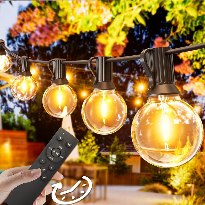 Гірлянда світлова зовнішня диммирувана 60м, G40 LED, 104 пластикові лампочки, вологостійка IP45, для саду, тераси, дерев, вечірок, 2700K тепле біле світло (2x30м), з пультом керування