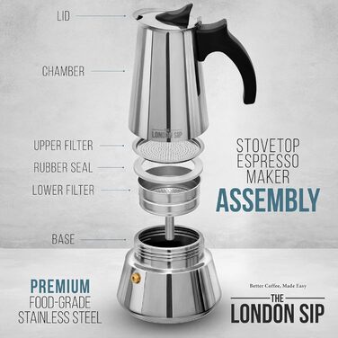 Кавоварка гейзерна London Sip Induktion, 300 мл, нержавіюча сталь, чорна, для 10 чашок