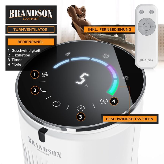 Вентилятор вежний Brandson з аромадифузором, нічний режим, тихий, пульт ДУ, 4 режими, 5 швидкостей, LED дисплей - білий
