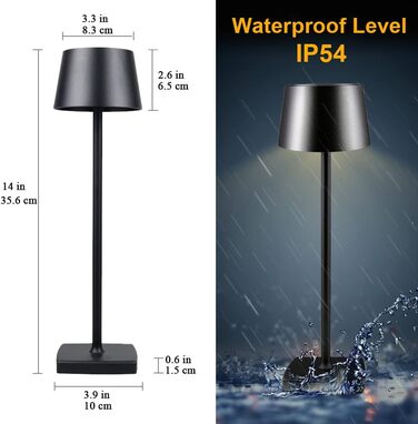 LED настільна лампа бездротова, 6000mAh, IP54, алюміній, сенсорне керування, тепле світло, для спальні, кавової зони, ресторану, чорна