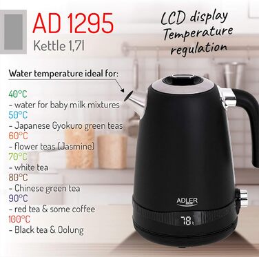 Електрочайник Adler AD 1295b, 1,7 л, нержавійка, LCD-дисплей, терморегулятор, чорний