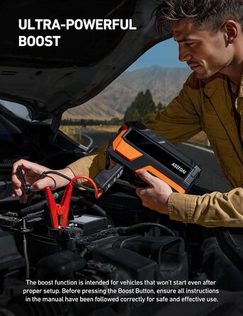 AstroAI MF16 Powerbank для запуску авто з компресором 150 PSI, 6000A, для 12V авто, мотоциклів, SUV, з LED-дисплеєм, помаранчевий