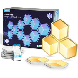 Світильник Govee Glide Hexagon Light Ultra, 3D RGBIC, Wi-Fi, 129 LED, сумісний з Alexa, 60 режимів, для геймерської кімнати, стіни, декору, 10 панелей, білий