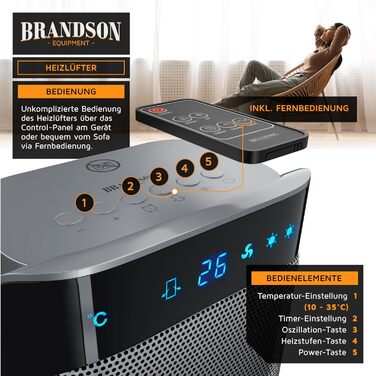 Керамічний обігрівач Brandson 2000 Вт з дистанційним керуванням, енергоощадний, тихий, для ванної кімнати, з осциляцією, сріблястий, сертифікат GS, переможець 2024 року