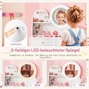 Дитячий туалетний столик DREAMADE з LED-підсвіткою, дерев'яний столик для макіяжу з 2 шухлядами, полицею та гачками, білий колір, для дітей від 3 років