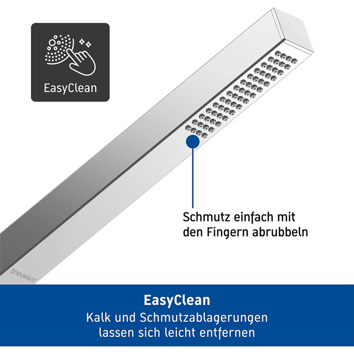 Duravit водозберігаюча ручна душова лійка, квадратна, хром, з режимом Rain, функція MinusFlow, легке очищення