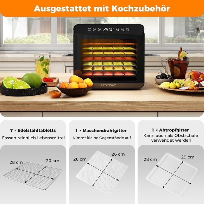 Дегідратор COSTWAY 600W з 7 stainless-steel лотками, сушарка для овочів, фруктів та м'яса з таймером на 24г та регулюванням температури 30-75°C