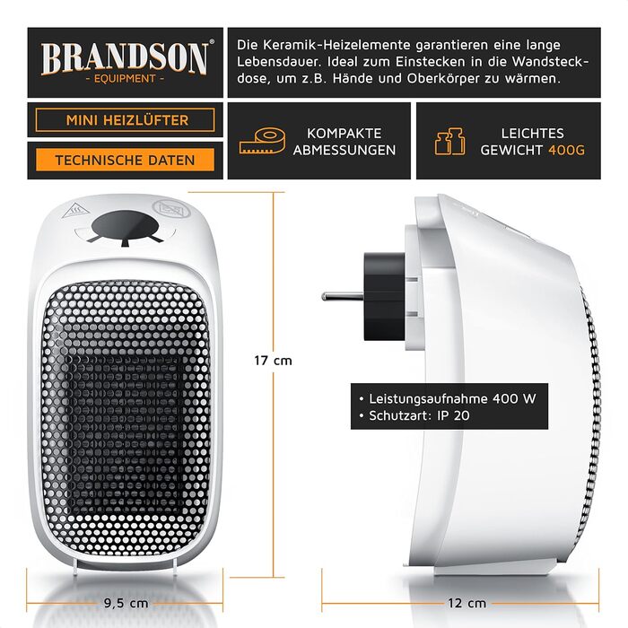 Керамічний обігрівач Brandson з термостатом, цифровим дисплеєм та захистом від перегріву, 400Вт, для ванної та спальні