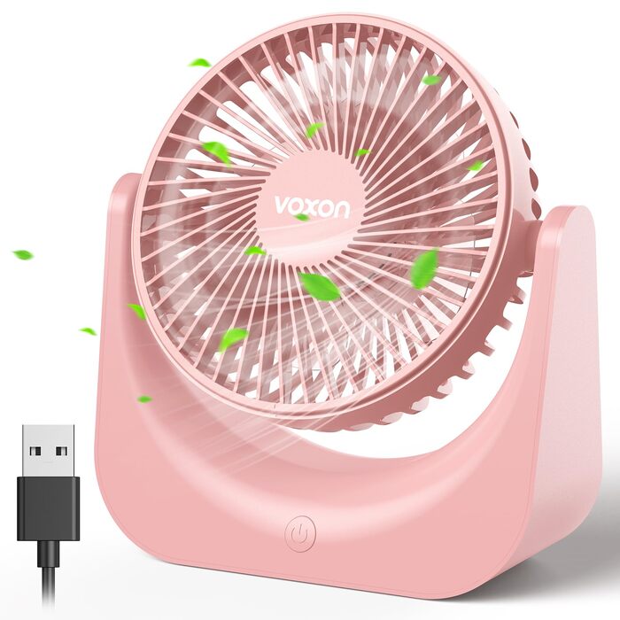 VOXON USB вентилятор міні настільний з 5 швидкостями, рожевий. Тихий USB-вентилятор для офісу, дому, спальні. Кабель 1,5м, без батарейок