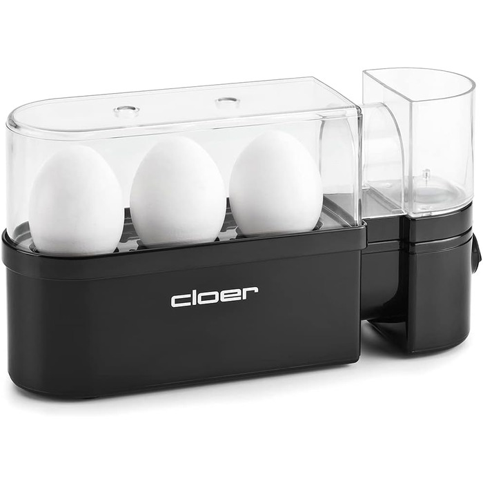 Електрична яйцеварка Cloer 6020 на 3 яйця, знімний лоток, 300 Вт, пластик, чорна