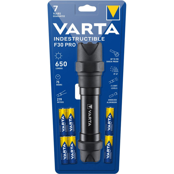 Ліхтарик VARTA Indestructible F30 Pro LED 6 Вт з батарейками AA, робочий, надміцний, водо- та пилозахищений, два режими освітлення
