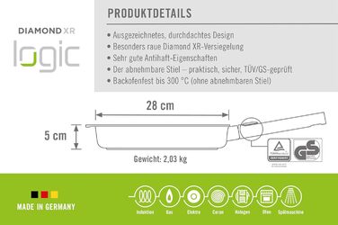 Сковорода Woll Diamond Logic XR Pro, Ø 28 см, 5 см, знімний ручка, індукційна, антипригарне покриття, для всіх плит, чорна