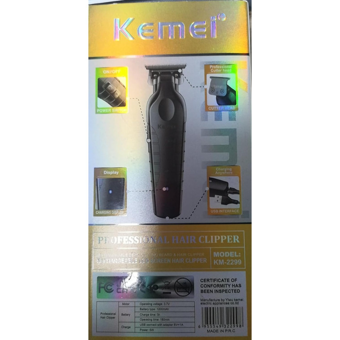 Kemei 2299 професійна машинка для стрижки волосся та бороди, електричний тример з Т-подібним лезом, бездротовий, для чоловіків, чорний