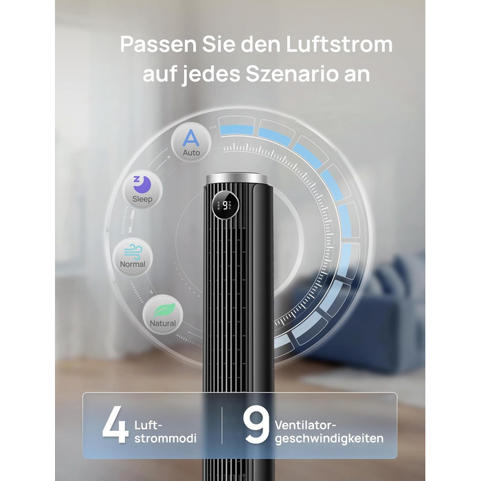 DREO Smart Tower Fan 102-114 см - Вежний вентилятор з пультом, 9 режимів, 4 режими, 90° осциляція, 12 год таймер, DC мотор, надтихий (20 дБ), для дому та офісу, чорний