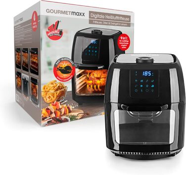 GOURMETmaxx цифрова аерофритюрниця XXL 9 л, 1800 Вт, чорна — електрична повітряна фритюрниця з таймером, сенсорним дисплеєм, 8 програмами, вертелом і шампурами для шашлику, для здорового та енергоощадного приготування