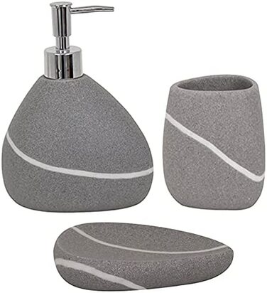 Набір аксесуарів для ванної MSV Stone Zen, 3 предмети, полірезин, сірий – дозатор для мила, мильниця, стакан для зубних щіток