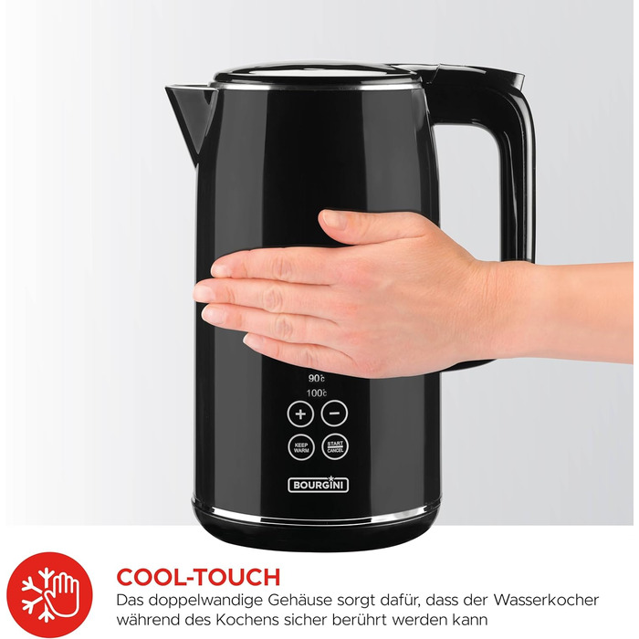 Електричний чайник Bourgini Cool Touch чорний, 1,7 л, з регулюванням температури та функцією підтримки тепла