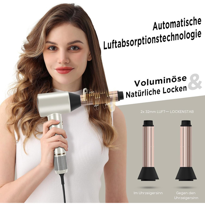 Фен PARWIN PRO BEAUTY Air-Sonic з HD-LED дисплеєм, безщітковим мотором 110000 об/хв, низьким рівнем шуму, автоматичними плойками 2x32 мм, потужним потоком повітря 25 м/с для швидкого сушіння, шампань-срібло