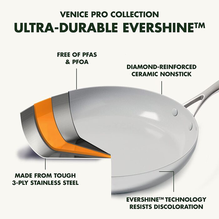 Сковорода GreenPan Venice Pro Tri-Ply 28 см, багатошарова нержавіюча сталь, без ПФАС, антипригарна, для індукції, підходить для духовки та посудомийки, срібляста
