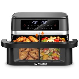 Аерофритюрниця WELLENT 12L Dual Zone XXL - двокамерна фритюрниця з гарячим повітрям 2950W (6+6Л), з вікном перегляду, функціями Match & Sync та нагадуванням про струшування, придатна для посудомийки