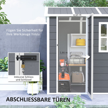 Садовий сарай Outsunny Пластиковий 2,1 м² 186 x 130 x 199 см Садовий сарай з двосхилим дахом Вікно Вікно, що замикається Погодостійкий садовий сарай Відкритий садовий сарай для заднього двору сірий
