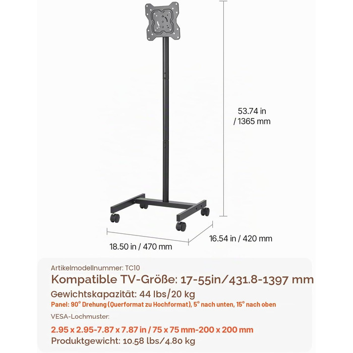 Стійка для телевізора VEVOR на колесах, 1510-1696 мм, VESA 100x100/400x600 мм, до 55