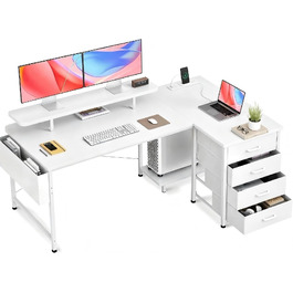 Кутовий стіл Claiks L-подібний (160x80 см) з 4 тканинними шухлядами, USB-портом, розеткою та полицею для монітора, білий