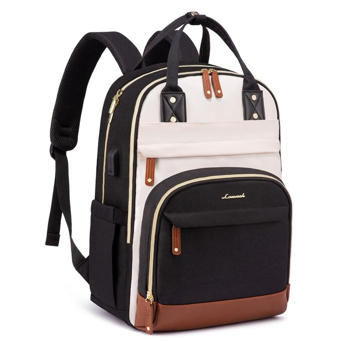 Жіночий рюкзак LOVEVOOK для навчання та прогулянок, шкільний рюкзак для дівчат та підлітків з великою кількістю відділень, 17 дюймів, екошкіра (Бежевий/Чорний/Коричневий)