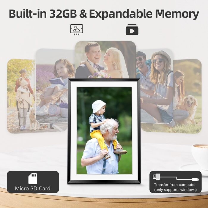 Frameo Цифровий фоторамка 10.1 дюймів з Wi-Fi, горіхове дерево, 32GB, IPS сенсорний екран 1280*800 HD, відтворення фото/відео через додаток Frameo, подарунок для чоловіків та жінок