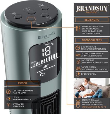 Турмовентилятор Brandson з пультом, 96 см, 3 швидкості, осциляція 60°, сріблясто-м'ятний, підлоговий мобільний вентилятор, переможець 2024 року