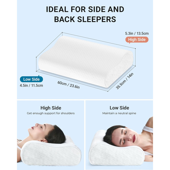 Подушка ортопедична з піни Memory Foam Elviros, регульована, для сну на боку та спині, знімний дихаючий чохол (біла)