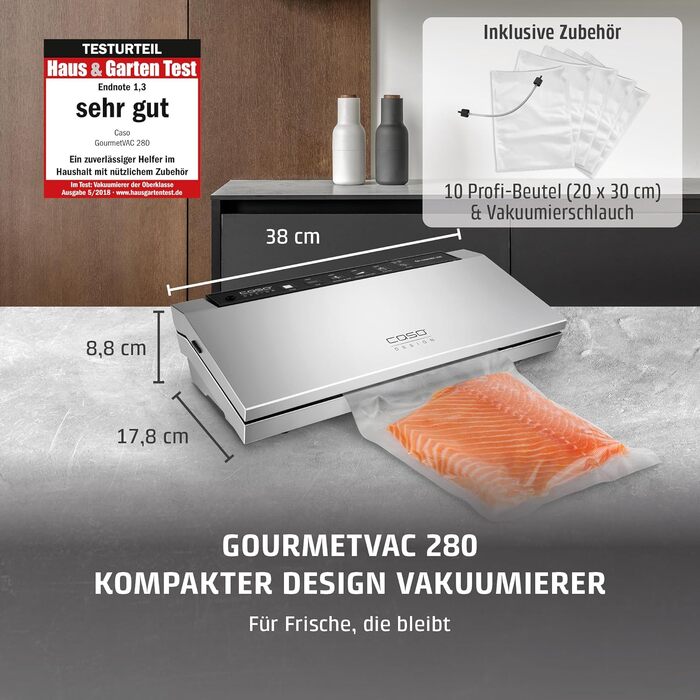 Вакууматор CASO GourmetVAC 280 з поршневим насосом (15л/хв), регулюванням сили вакууму та часу запаяння, комплект 10 пакетів 20x30 см
