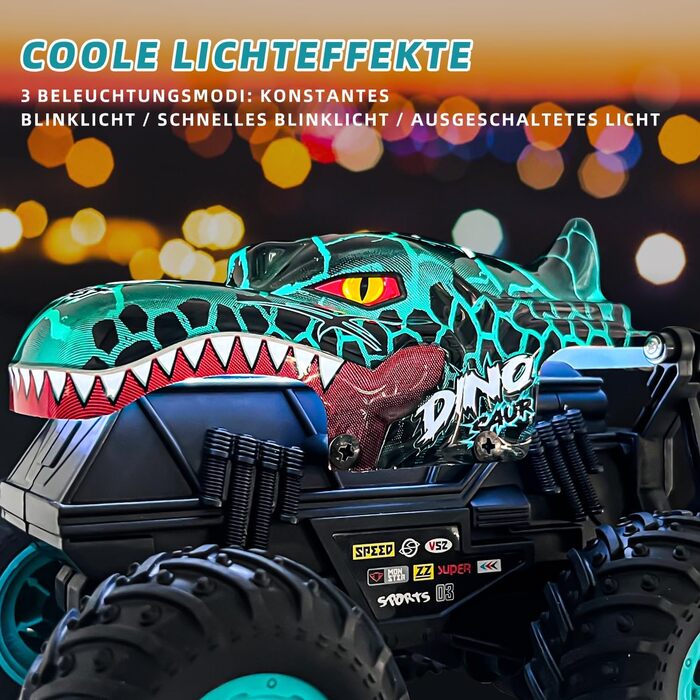 RC Monstertruck 1:20 2.4GHz Динозавр – Радіокерований позашляховик, 20 км/год, LED, Музика, для хлопчиків та дівчаток від 3 років, Зелений