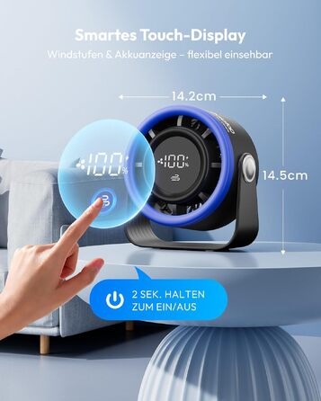 Вентилятор USB Gaiatop Klein безшумний, акумуляторний настільний з 5 режимами та потужним потоком повітря, сенсорний дисплей, поворотний на 360°, міні-вентилятор для спальні, офісу, столу (синій)