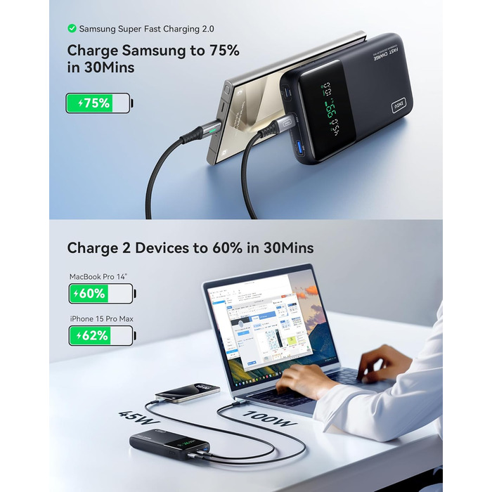 Power Bank INIU 140W, 25000mAh, USB-C, Швидка зарядка PD/QC, для ноутбука, iPhone, компактний, чорний