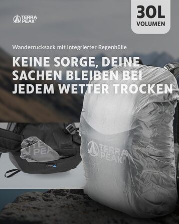 Рюкзак Terra Peak 30 л з вентильованою спинкою, тримачем для питної системи та дощовиком, чорний, туристичний для походів і прогулянок